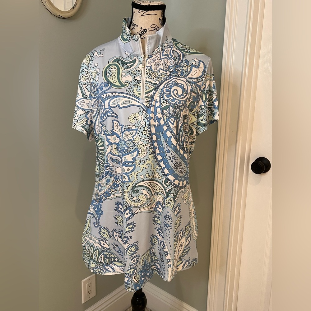 Cegolfs Blue paisley-print polo golf shirt | Size L | Pockets | Like New